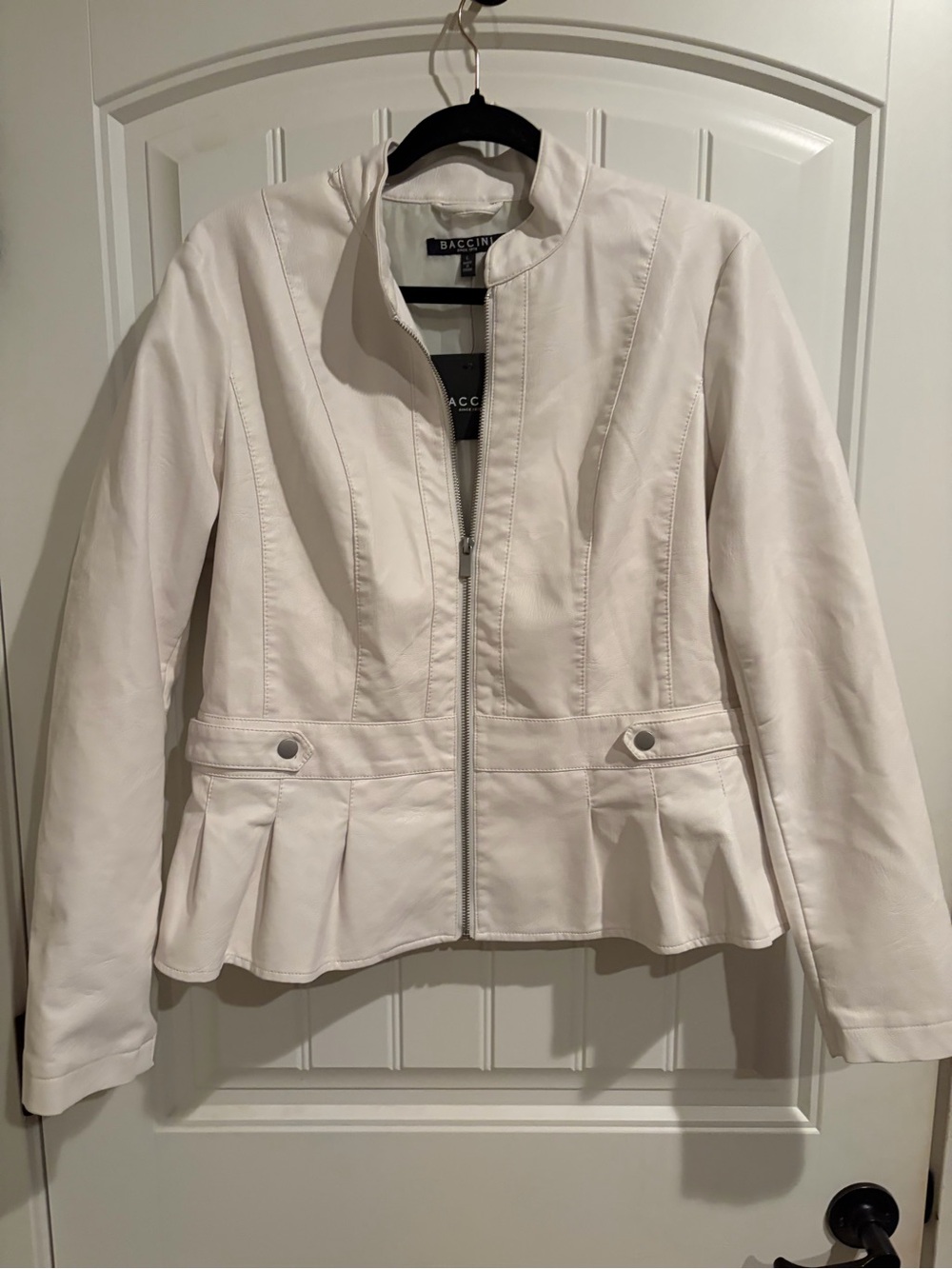 Baccini Off-White Zip-Front Peplum Leather Jacket